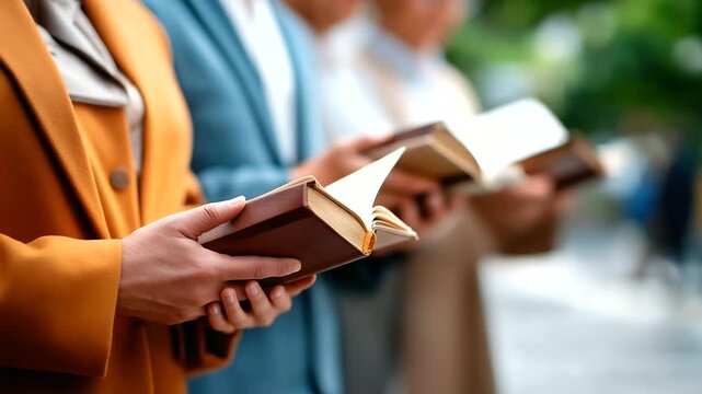 Hands holding translated Bibles in multiple languages multicultural ministry faces obscured mental wellness cross cultural support international prayer community with copy spa