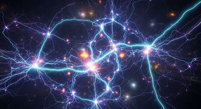 Digital brain neural network with glowing synaptic connections and electrical impulses.