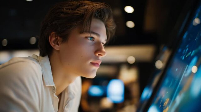 Young customer in a futuristic electronics shop comparing mining GPU specifications on a holographic display, emotion of curiosity and decision-making visible, representing cryptocurrency hardware