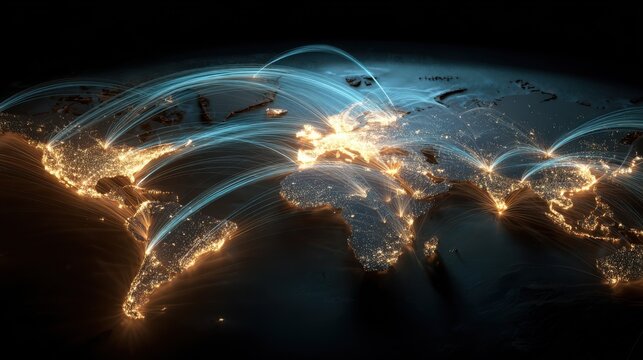 Stunning photo of this visual illustrates a world map with illuminated pathways connecting major cities in Latin America, symbolizing the extensive reach of digital marketing. - Powered by Adobe