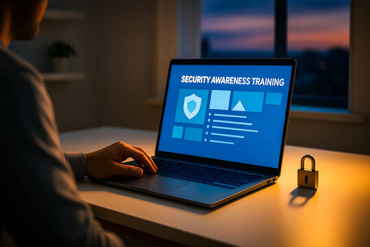 Security awareness training course on laptop in dark office