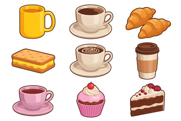 Coffee cups with assorted pastries including croissants biscuits cupcakes and cake slices