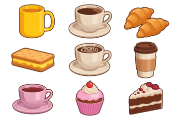 Coffee cups with assorted pastries including croissants biscuits cupcakes and cake slices