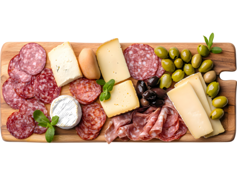 Mediterranean charcuterie board with cheese and olives isolated on transparent background. Perfect for food design.