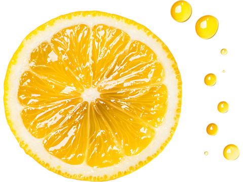 Lemon slice with juice drops isolated on transparent background. Perfect for citrus, drink, and summer design.