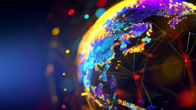 Vibrant globe with neon data lines and glowing points showing global connectivity, digital networks, and communication across continents, representing technology, innovation, and futuristic ideas