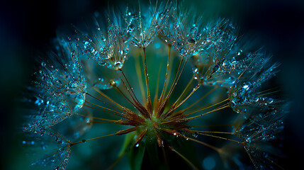 A dandelion seed head with dew drops, macro photography, symmetrical composition, delicate background, green and blue tones