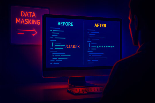 Data masking concept with code on screen in dark room with neon light