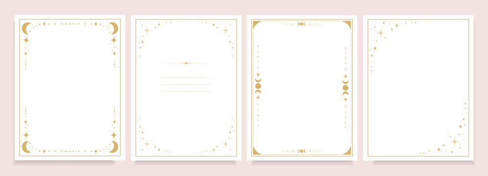Gold Celestial Frame Templates with celestial elements stars, crescent moons, sparkles, and astrology symbols, for invitations, journaling pages, stationery, branding, printable designs.Vector