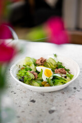 A vibrant, healthy tuna Niçoise salad featuring crisp greens, cucumber ribbons, hard-boiled egg halves, and tuna chunks in a white bowl on a speckled marble table