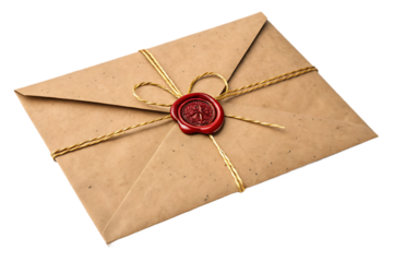 Vintage craft paper envelope with wax seal and golden twine. Antique letter or invitation tied with a rope for old-fashioned message design. Isolated on transparent background, png