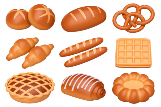 Variety of baked bread including rolls pretzels baguettes loaves and pastries arranged