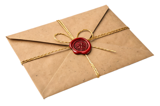 Vintage craft paper envelope with wax seal and golden twine. Antique letter or invitation tied with a rope for old-fashioned message design. Isolated on transparent background, png