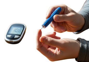 Person checking blood sugar level with glucose meter isolated on transparent background for healthcare and medical use