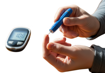 Person checking blood sugar level with glucose meter isolated on transparent background for healthcare and medical use