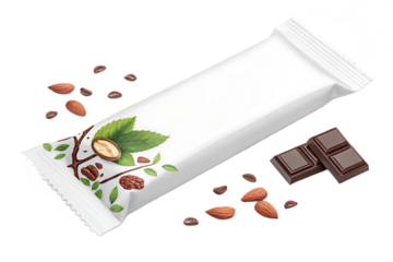 Blank white wrapper mockup for chocolate bar or protein snack. Package template with almonds and cut chocolate candy pieces for food branding design. Isolated on transparent background, png