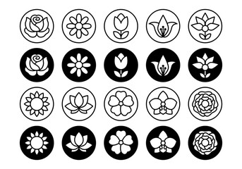 Minimalist Floral Emblem Icon Bundle with Line Art and Solid Bloom Styles for Various Projects