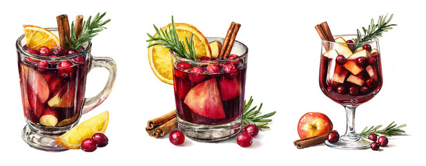 Watercolor illustration of three festive drinks, cocktails, for holiday, Thanksgiving, New Year celebration. Cozy watercolor art.