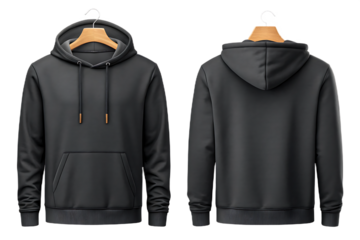 Blank black hoodie mockup, front and back view. Unisex sweatshirt template with kangaroo pocket and drawstring for apparel design. Isolated on transparent background, png