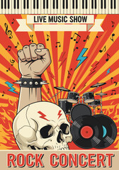 Electrifying music show poster with a powerful fist, skull, vintage drums, and fiery visuals, perfect for a high-energy live performance advertisement