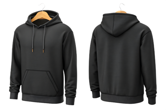 Blank black hoodie mockup, front and back view. Unisex sweatshirt template with kangaroo pocket and drawstring for apparel design. Isolated on transparent background, png