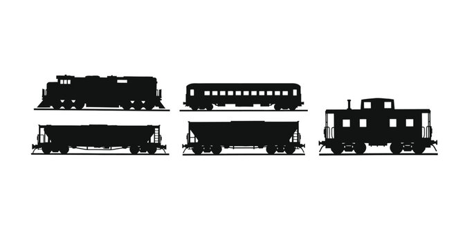 Silhouette of a train, passenger car, hopper car, and caboose
