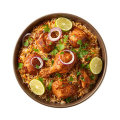 Delicious chicken biryani recipe indian food with rice and spices top view photo on transparent background
