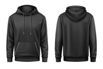 Blank black hoodie mockup, front and back view. Unisex sweatshirt template with kangaroo pocket and drawstring for apparel design. Isolated on transparent background, png
