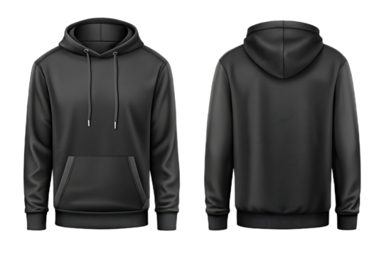 Blank black hoodie mockup, front and back view. Unisex sweatshirt template with kangaroo pocket and drawstring for apparel design. Isolated on transparent background, png