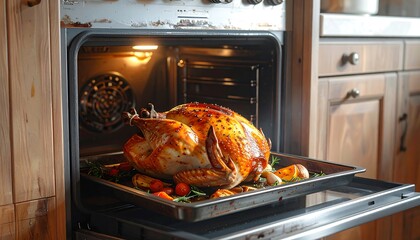 Roasted Turkey in Oven - A Thanksgiving Feast Preparation.