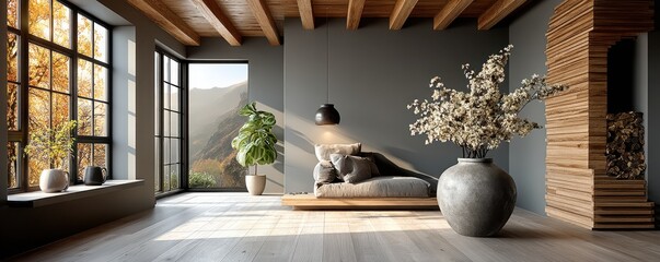 Modern minimalist living room with gray wall, wooden beam ceiling, large windows, and a tall vase