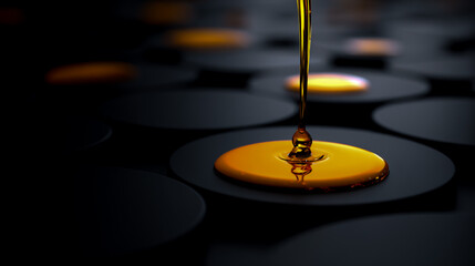 A drop of amber-colored oil is dripping down on black matte circles, a 3D rendering, high-resolution photography, high quality