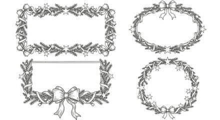 Fototapeta premium Four decorative frames with fir branches, stars, balls, and ribbons, in rectangular and oval shapes.