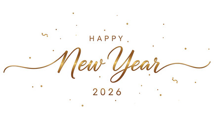 Elegant golden happy new year 2026 text with sparkling confetti, isolated on