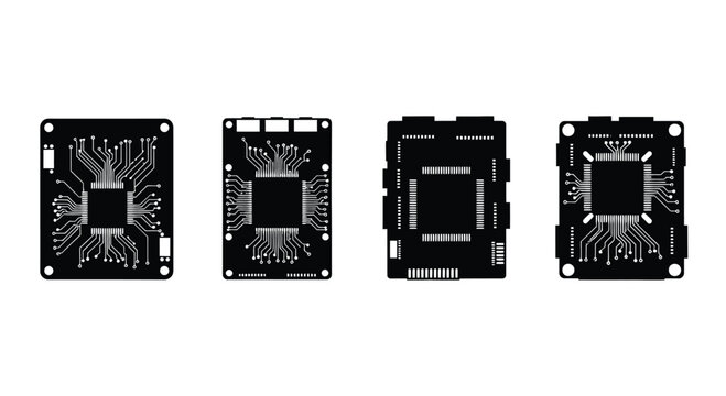 Four circuit boards in a row, black silhouettes