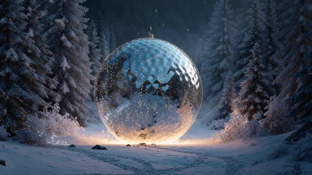 oversized Christmas bauble resting in middle of snowy forest, surreal festive landscape