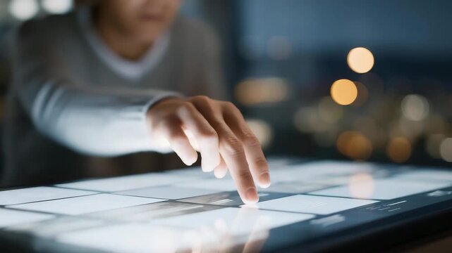 Close-up of a young learner interacting with touchscreens showing 3D course modules and progress analytics, highlighting online education accessibility, futuristic learning technology, and student