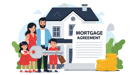 Happy family celebrates securing their dream home with a mortgage agreement, symbolizing new property ownership and financial investment for the future