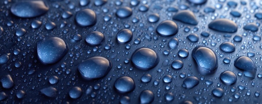 Water droplets on a blue background in macro view with reflective glossy abstract texture, highly detailed