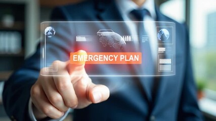 A person in a business suit is directing attention to an emergency plan sign, likely indicating a sense of urgency or importance