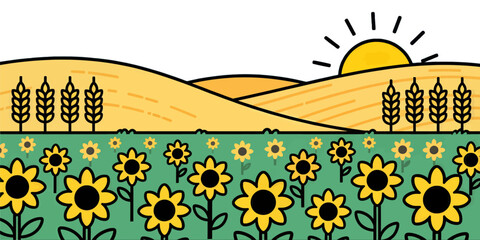 Vibrant Sunflowers and Wheat Fields at Sunrise