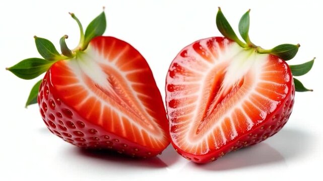 Fresh strawberries cut in halves on a clean white surface