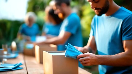 Volunteers in matching t shirts sorting donation boxes hands working together faces not visible or defocused community service mental health awareness outreach charitable work