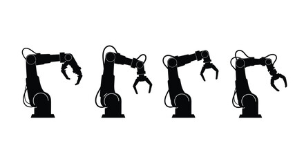 Four robotic arm icons in black silhouette