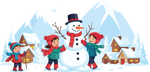 Happy children building a snowman together in a snowy winter landscape