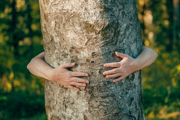 Female environmentalist hugging a large tree in forest, symbol of nature conservation and activism.