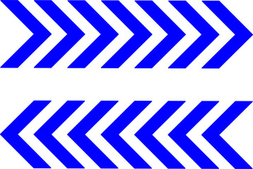 Fototapeta premium Blue chevron arrows in two rows pointing opposite directions, symbolizing motion, navigation, and progress in a bold modern graphic on a clean white background. 