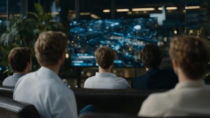 Corporate team gathered in sleek office setting, watching live NFT auction on massive digital screen, their faces illuminated by animated crypto graphics — representing digital investment trends, - Powered by Adobe