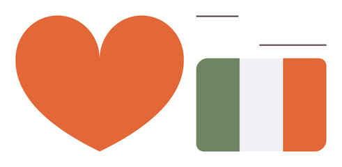 Orange heart symbol next to green, white, and orange vertical-striped Irish flag. Ideal for themes of national pride, heritage, culture, identity, love unity and celebration. Simple flat metaphor
