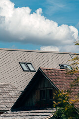 Traditional rooftops of alpine village houses in Slovenia, surrounded by mountain scenery.